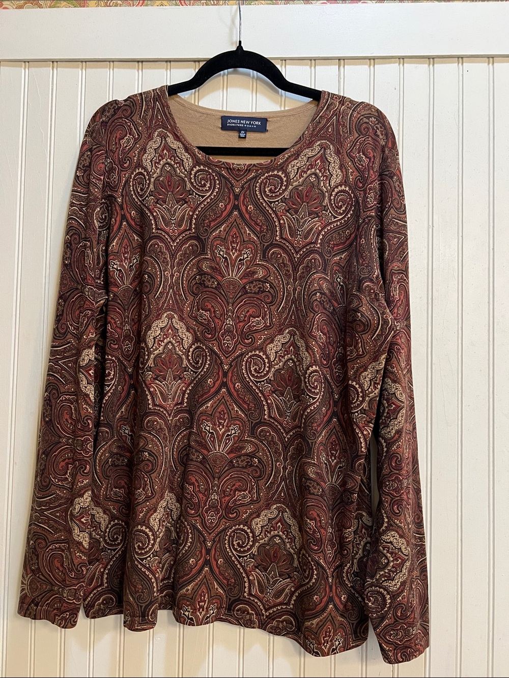 Jones New York Paisley Long Sleeve Top - Burgundy & Brown